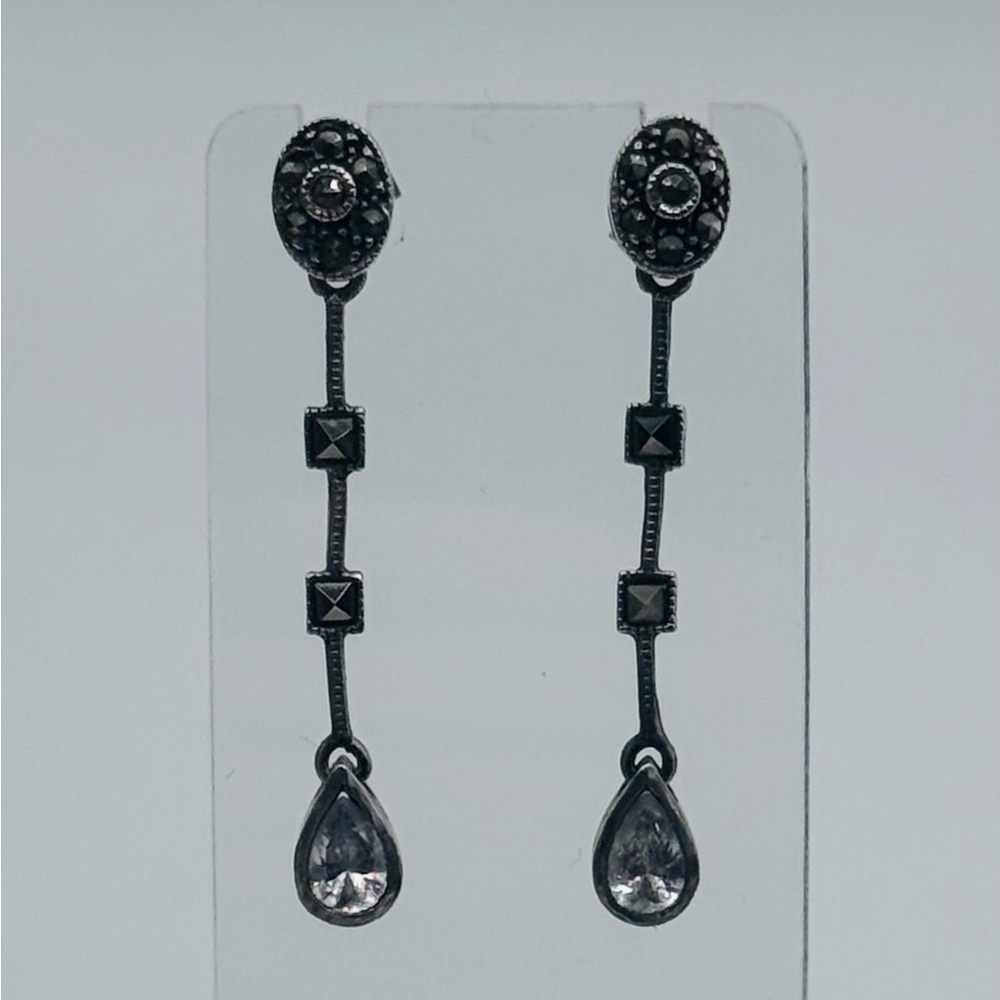 Vintage 925s Solid Sterling Silver Marcasite Drop Earring Studs | GUC